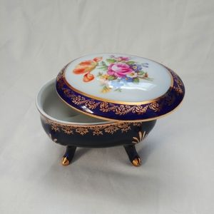 Vtg East Germany 1960's Painted dish with legs. Floral. Gold. Purple Ceramic.